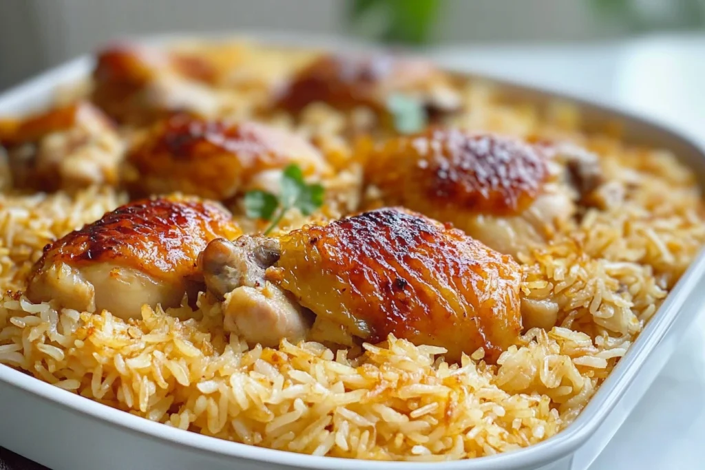  A close-up of golden-brown baked chicken thighs nestled on a bed of flavorful, golden rice, served in a white casserole dish.