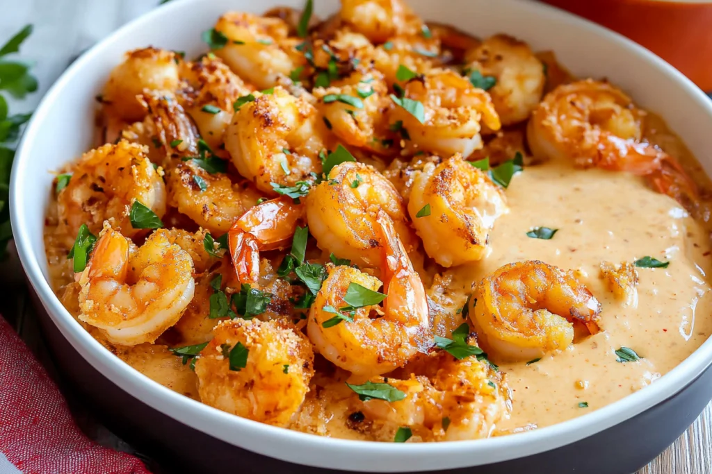 A bowl of creamy coconut shrimp, featuring tender, golden shrimp coated in a rich orange-hued coconut sauce and garnished with fresh herbs.