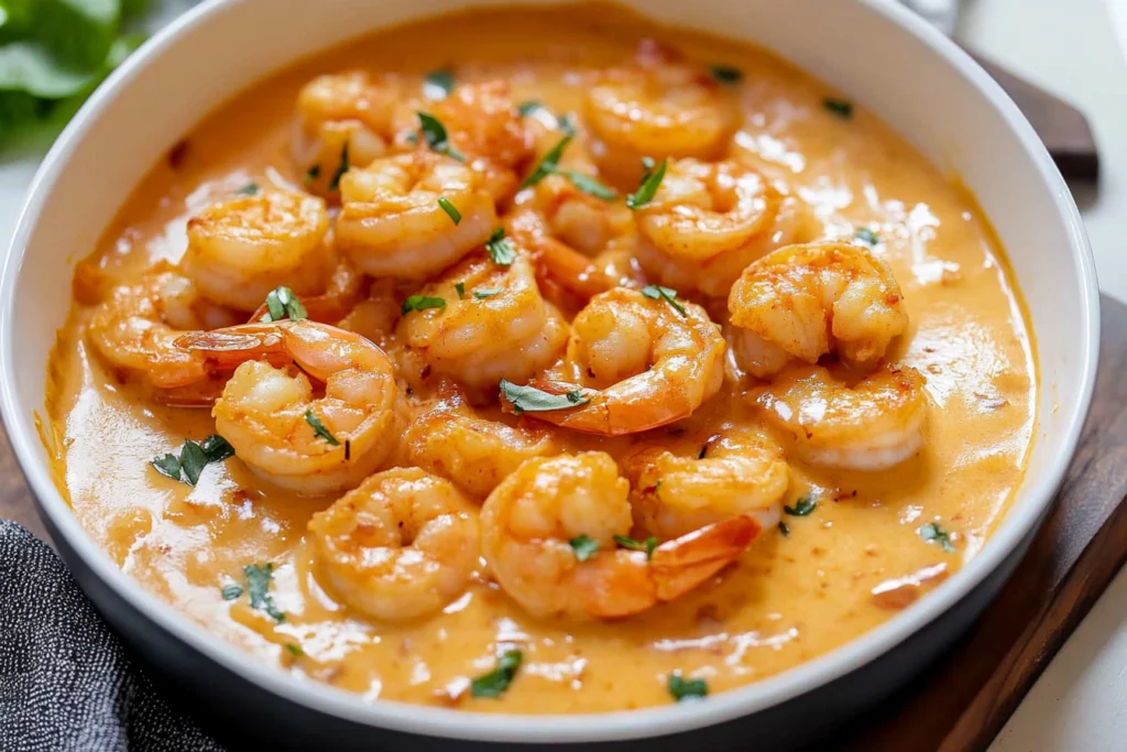  A close-up of a bowl filled with creamy coconut shrimp in a rich, golden sauce, garnished with fresh chopped herbs. The shrimp are plump, juicy, and coated in a vibrant, flavorful sauce.