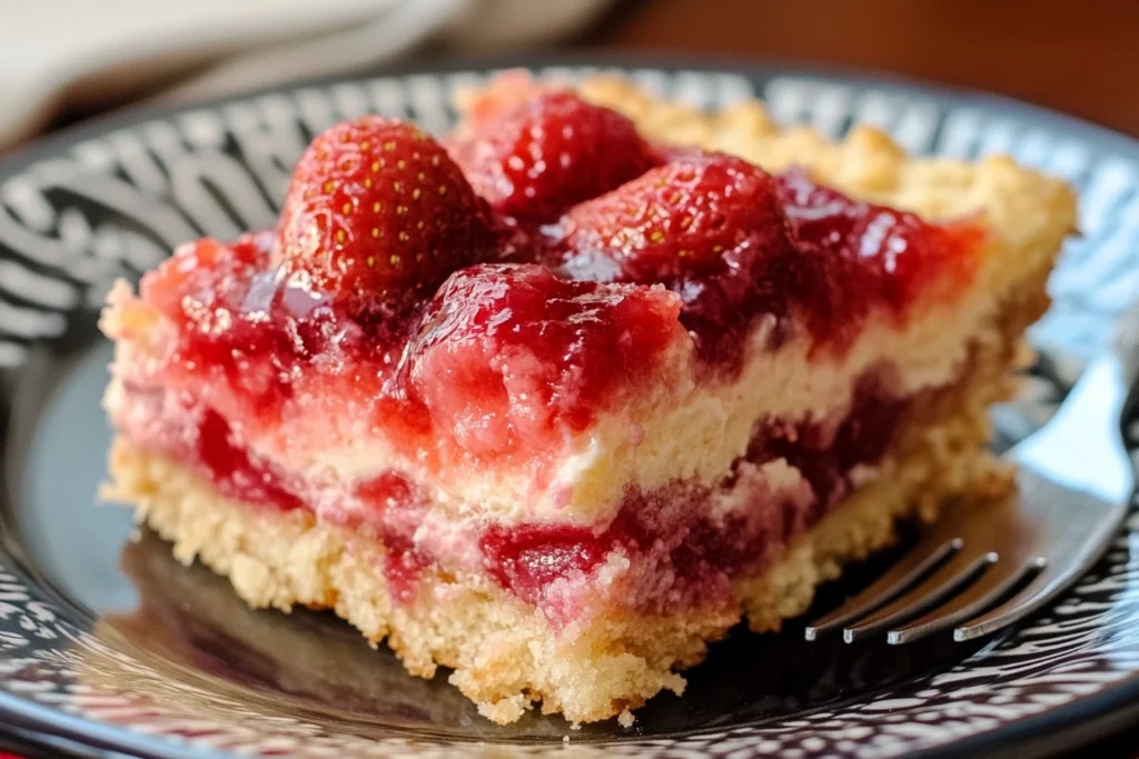 A slice of strawberry shortcake topped with fresh strawberries, a rich strawberry glaze, and dusted with powdered sugar, served on a white plate.